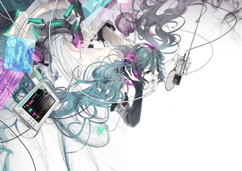 akiakane, aqua_eyes, aqua_hair, back, blood, blood_bag, blue_eyes, blue_hair, detached_sleeves, diagram, display, ekg, electrode_(object), fingerless_gloves, gloves, glowing, hand_on_headphones, hatsune_miku, hatsune_miku_(append), headphones, headset, highres, intravenous_drip, long_hair, mask, microphone, nail_polish, navel, necktie, open_mouth, oxygen_mask, solo, thighhighs, twintails, very_long_hair, vocaloid, vocaloid_append