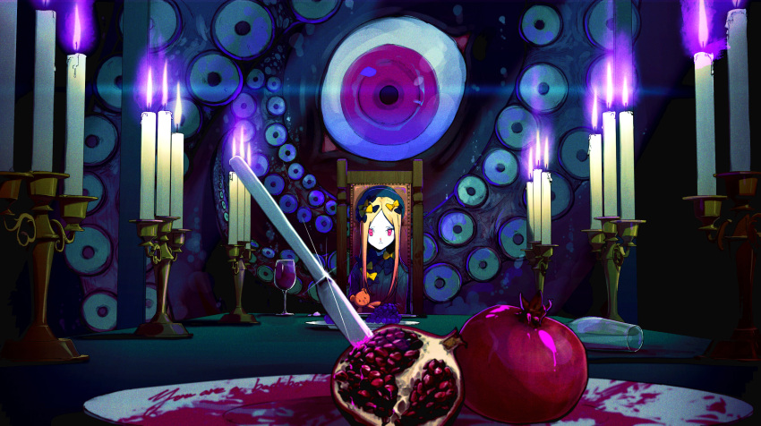 1girl, abigail_williams_(fate), beret, black_bow, black_dress, black_headwear, blonde_hair, bow