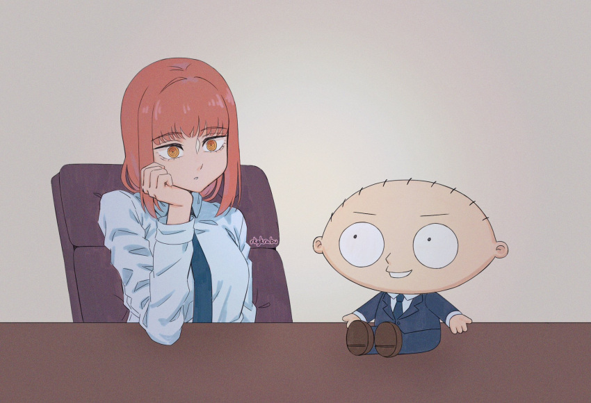 1boy, 1girl, blue_necktie, blue_pants, blue_suit, business_suit, chainsaw_man, chair