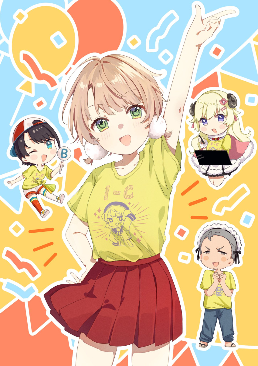 1boy, 3girls, :d, ;d, aqua_eyes, arm_up, asymmetrical_legwear, backwards_hat