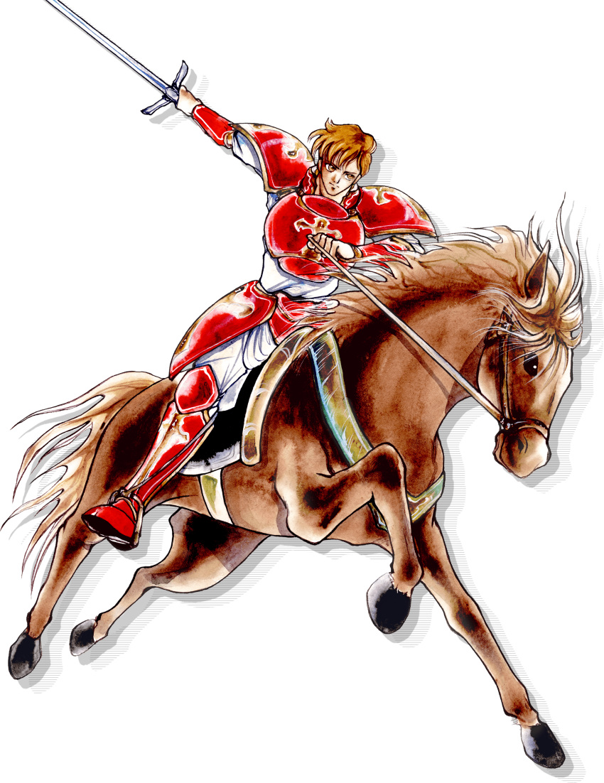 1boy, absurdres, armor, artist_request, blonde_hair, clenched_hand, fire_emblem, fire_emblem:_genealogy_of_the_holy_war, full_body, highres, holding, holding_sword, holding_weapon, horseback_riding, looking_to_the_side, naoise_(fire_emblem), official_art, outstretched_arm, red_armor, riding, shoulder_armor, solo, sword, weapon