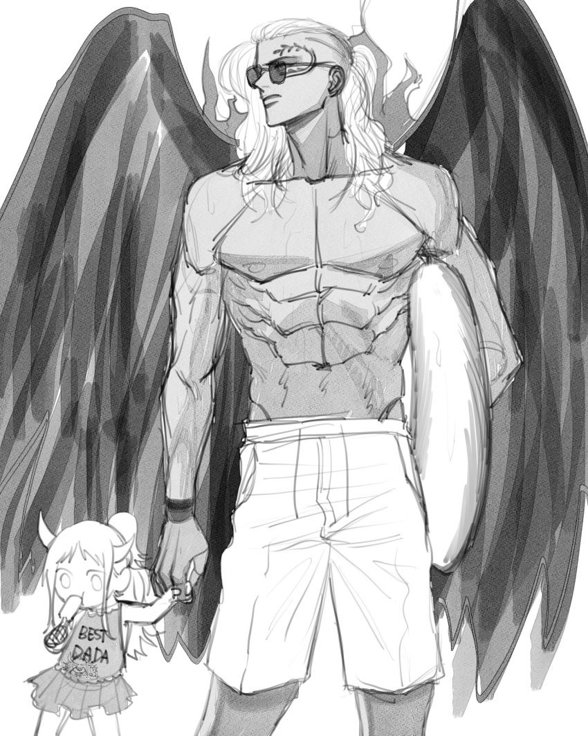 1boy, 1girl, aged_down, asymmetrical_hair, black_wings, curled_horns, dark-skinned_male, dark_skin