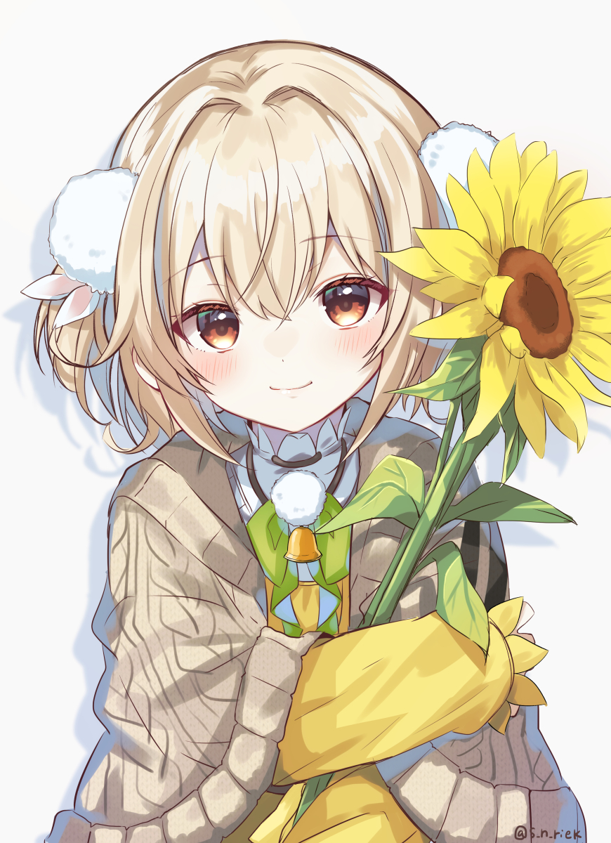 1girl, blonde_hair, brown_shawl, closed_mouth, dress, flower, goddess_of_victory:_nikke, hair_ornament, highres, holding, holding_flower, light_smile, liter_(cute_sunflower)_(nikke), liter_(nikke), long_sleeves, pom_pom_(clothes), pom_pom_hair_ornament, ribbon, s_h_riek, shawl, sunflower, white_background, yellow_dress, yellow_eyes