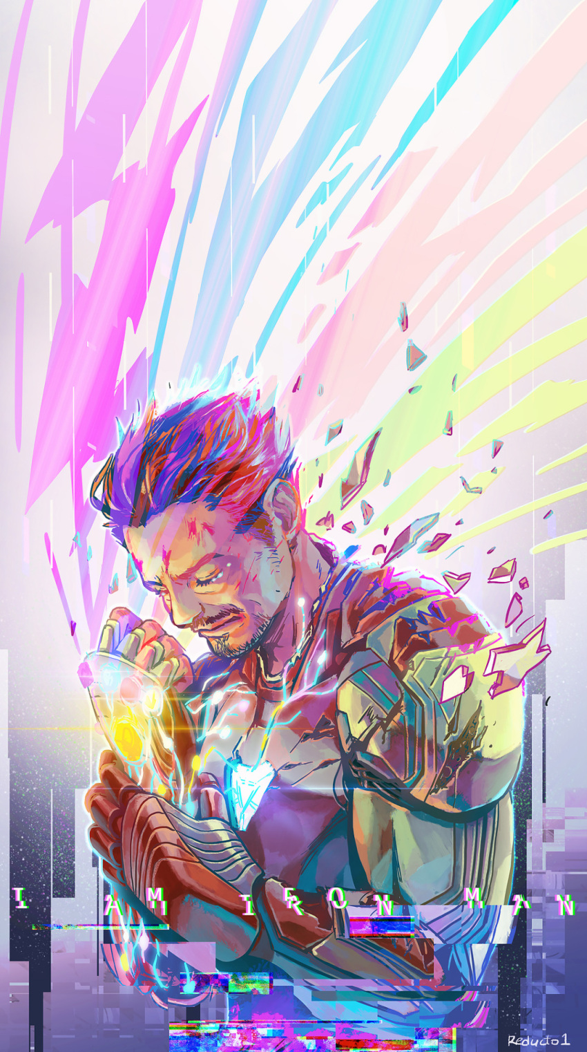 1boy, arc_reactor, armor, artist_name, avengers:_endgame, avengers_(series), brown_hair, clenched_hand, closed_eyes, closed_mouth, crying, english_commentary, english_text, facial_hair, full_armor, glitch, hands_up, highres, infinity_gems, iron_man, male_focus, marvel, marvel_cinematic_universe, multicolored_armor, power_armor, red_armor, reducto, short_hair, solo, standing, superhero, tears, tony_stark, yellow_armor