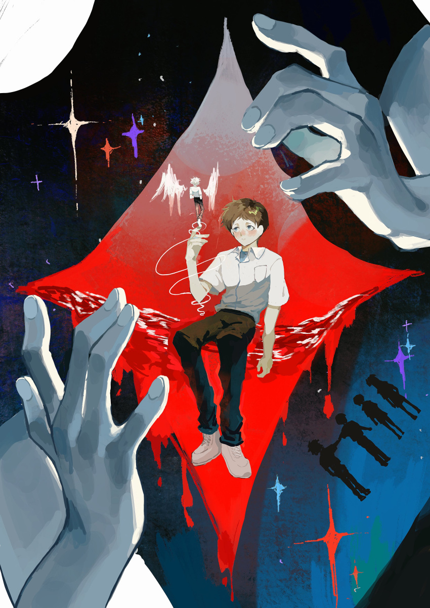 absurdres, angel_wings, ayanami_rei, black_pants, blood, blush, brown_hair, closed_mouth, highres, ikari_shinji, nagisa_kaworu, neon_genesis_evangelion, pants, peila, school_uniform, shirt, sitting, souryuu_asuka_langley, tokyo-3_middle_school_uniform, white_footwear, white_shirt, wings