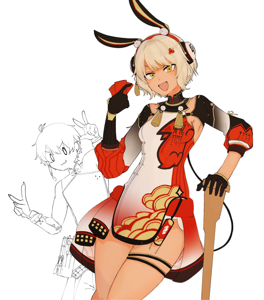 1boy, 1girl, absurdres, animal_ears, asymmetrical_gloves, black_gloves, braid, chinese_clothes