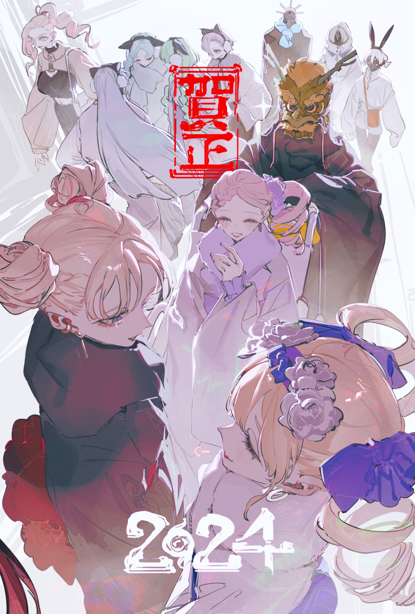 1girl, 2024, 6+girls, absurdres, alternate_costume, ami_shido_(crymachina), anthropos_(crymachina), blonde_hair, blue_eyes, blue_flower, blue_rose, can_(crymachina), crymachina, enoa_(crymachina), flower, happy, happy_new_year, hayat_(crymachina), hayim_(crymachina), highres, leben_distel_(crymachina), looking_to_the_side, mikoto_sengiku_(crymachina), multiple_girls, noah_(crymachina), official_art, rolua, rose, twintails, vida_(crymachina), white_flower, white_rose, zoe_(crymachina)