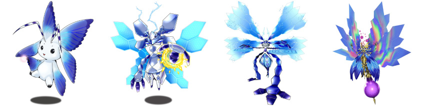 antennae, arthropod_girl, black_eyes, bug, butterfly, butterfly_wings, digimon, digimon_adventure, digimon_adventure:_last_evolution_kizuna, eosmon_adult, eosmon_perfect, eosmon_ultimate, exoskeleton, floating, hexagon, highres, insect_wings, morphomon, official_art, simple_background, white_background, wide_image, wings