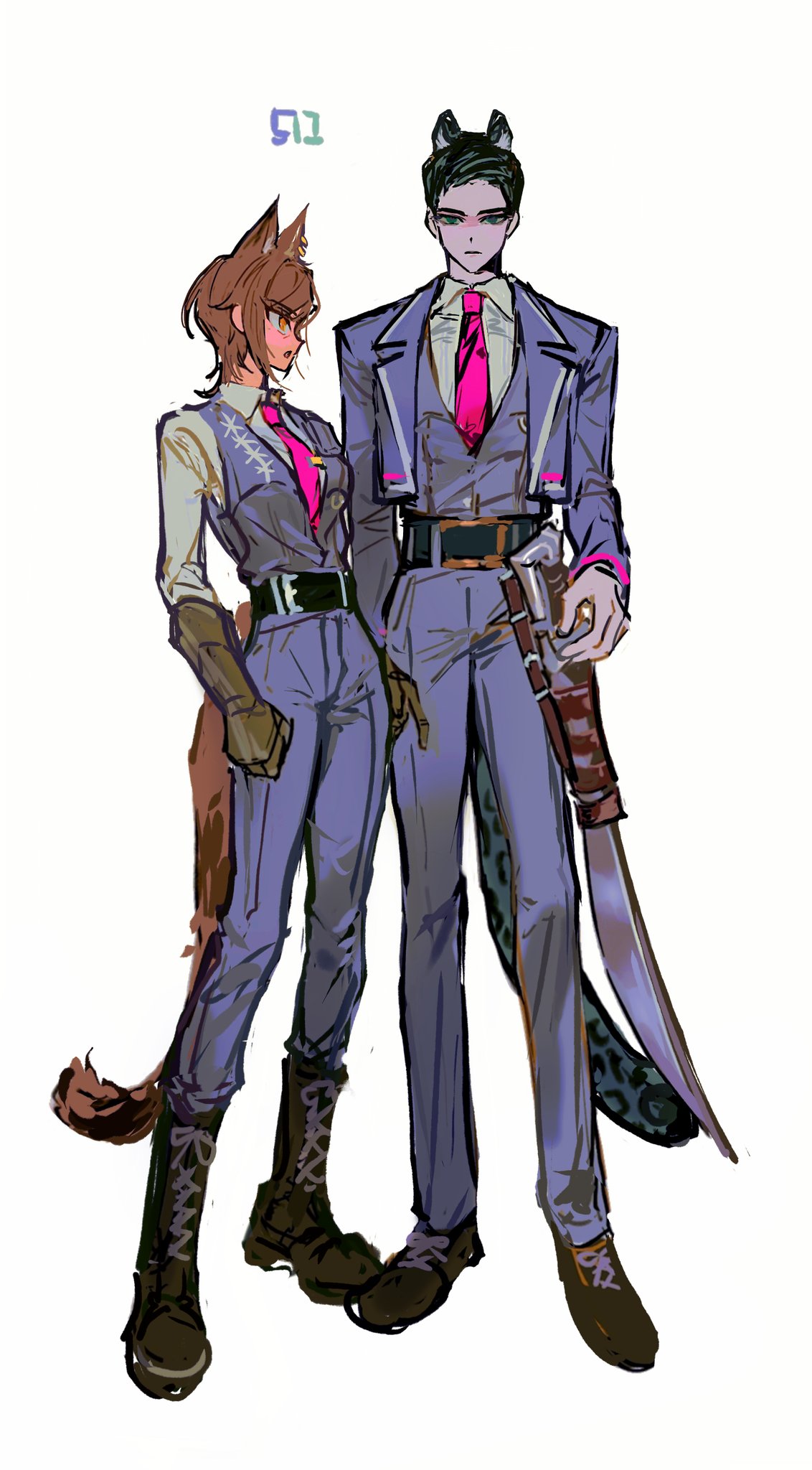 1boy, 1girl, animal_ears, belt, black_belt, black_eyes, black_footwear, black_jacket