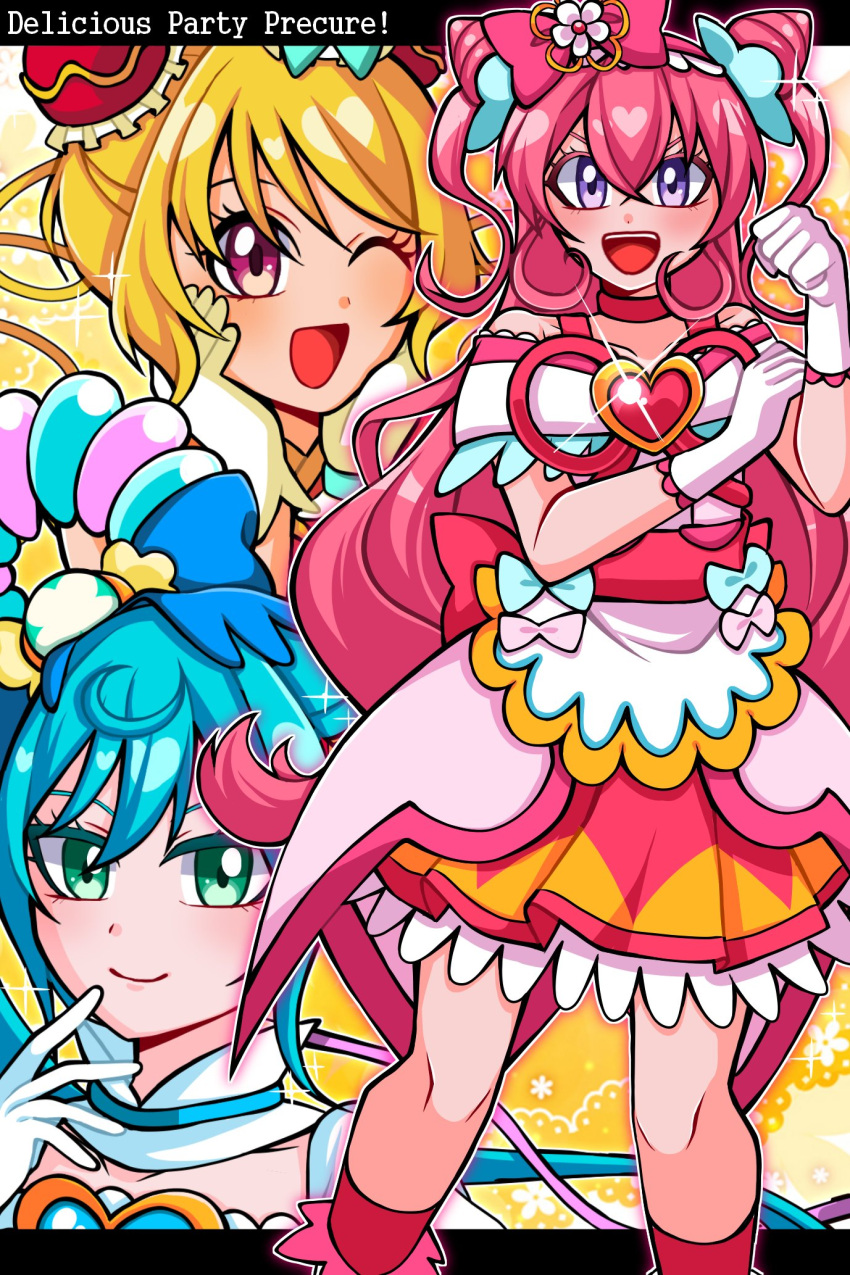 1jumangoku, 3girls, back_bow, bare_shoulders, black_border, blonde_hair, blue_bow, blue_flower