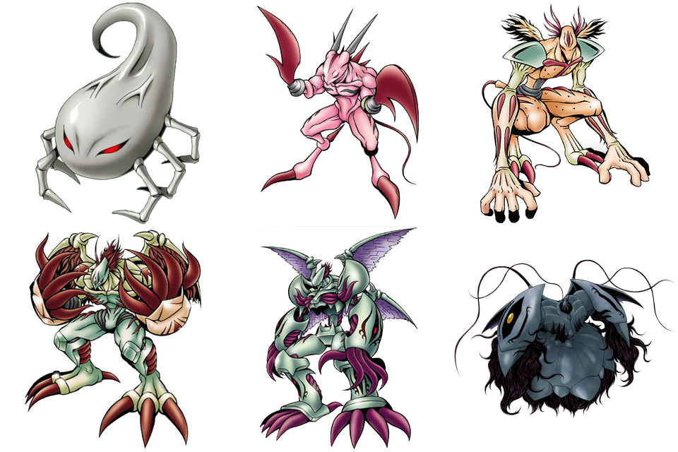 arkadimon_adult, arkadimon_baby, arkadimon_child, arkadimon_perfect, arkadimon_super_ultimate, arkadimon_ultimate, black_sclera, claws, colored_sclera, digimon, evolution, evolutionary_line, floating, horns, looking_at_viewer, monster, official_art, red_eyes, redhead, simple_background, tail, tentacles, white_background, wings