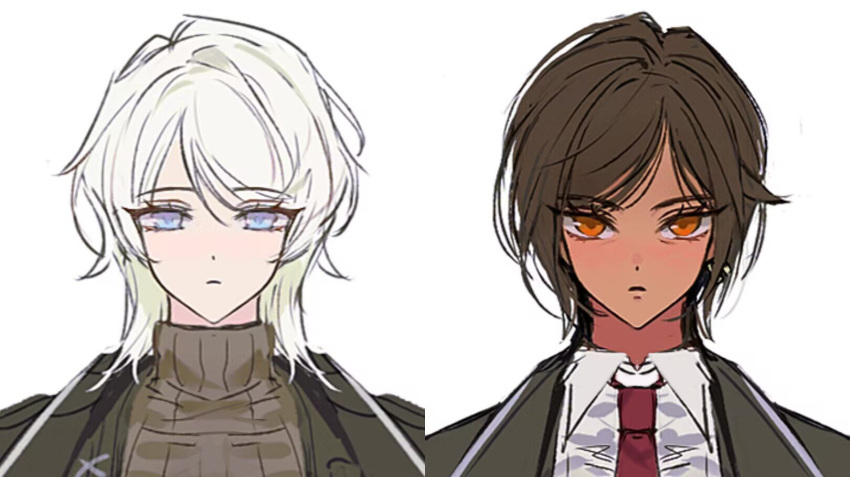2girls, black_coat, black_vest, blue_eyes, brown_eyes, brown_hair, brown_sweater, closed_mouth, coat, collared_shirt, faust_(project_moon), highres, huyj_cl, limbus_company, long_sleeves, looking_at_viewer, multiple_girls, necktie, outis_(project_moon), portrait, project_moon, red_necktie, ribbed_sweater, shirt, simple_background, sweater, vest, white_background, white_shirt, wing_collar