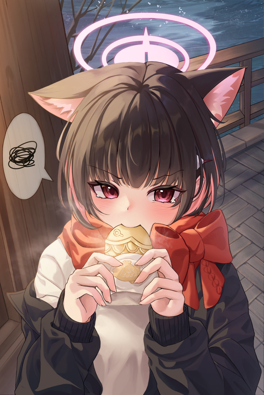 1girl, absurdres, animal_ear_fluff, animal_ears, black_hair, black_jacket, blue_archive, bow