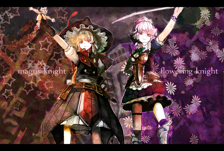 alternate_costume, armor, armored_dress, belt, blonde_hair, cross, flower, frills