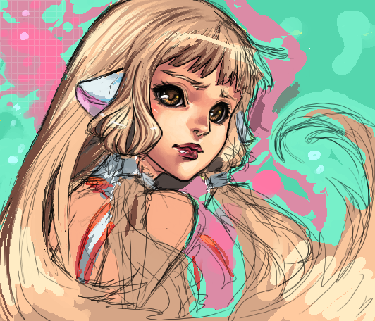 blonde_hair, brown_eyes, chii, chobits, choker, daimida, from_behind, lips, long_hair, looking_back, lowres, oekaki, payot, portrait, robot_ears, solo, very_long_hair