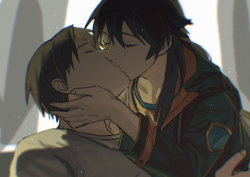 1boy, 1girl, black_hair, buttons, closed_eyes, copyright_request, dots, doya