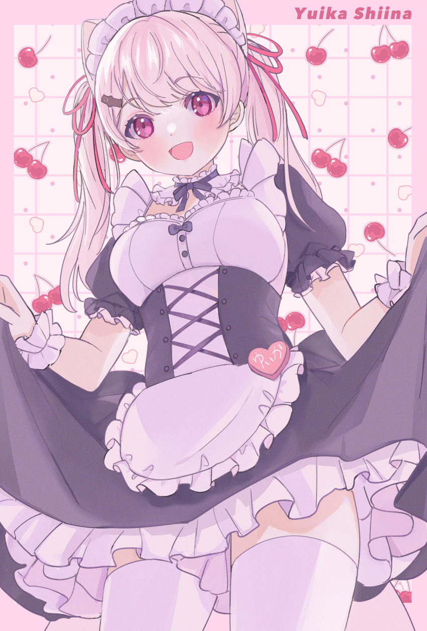1girl, absurdres, apron, black_dress, blush, character_name, cherry, dress