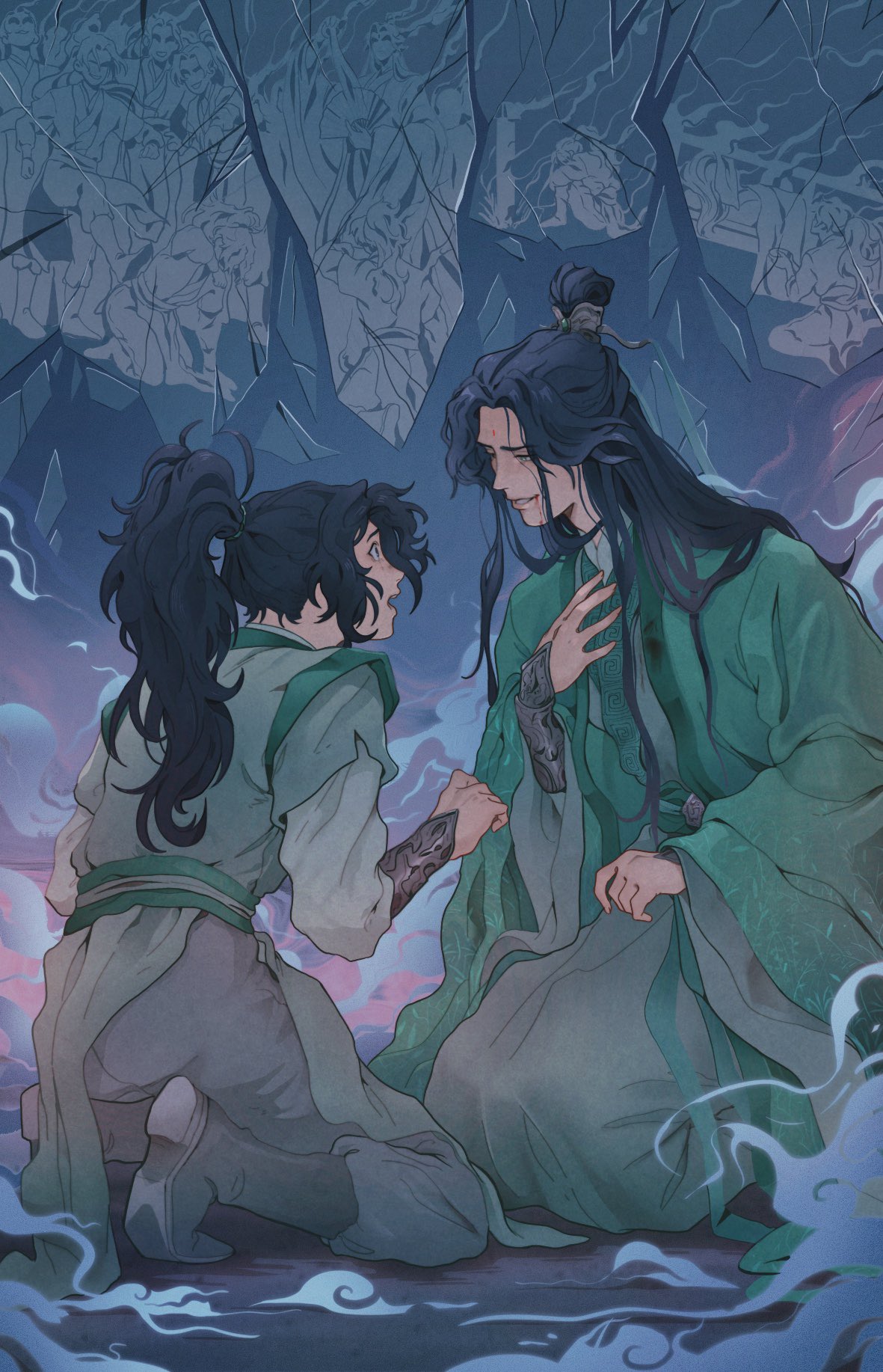 2boys, bed, bindi, black_hair, blood, blood_from_mouth, broken_glass, bullying
