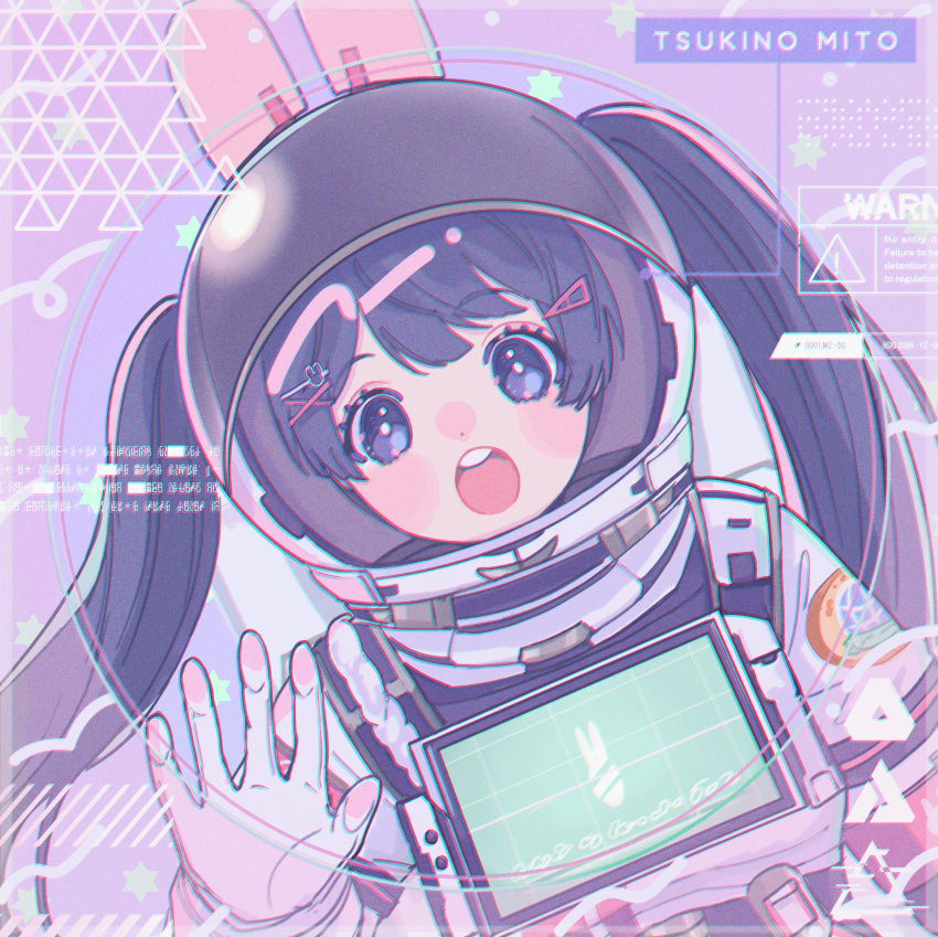1girl, absurdres, astronaut, black_hair, blue_eyes, character_name, hair_ornament, helmet