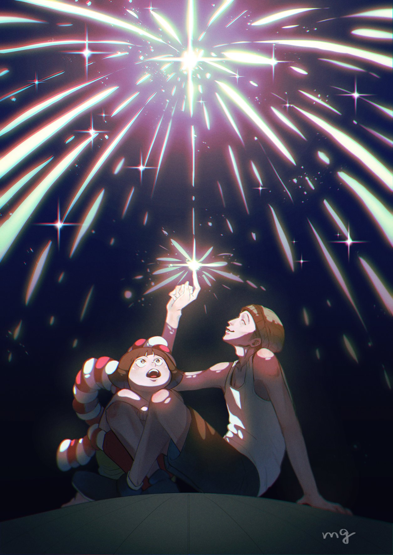 2boys, aged_down, black_eyes, black_hair, blush, borsalino_(kizaru), fireworks, hat