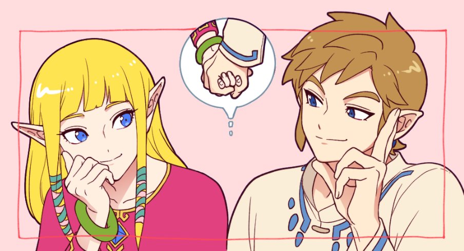 1boy, 1girl, bangle, blonde_hair, blue_eyes, blunt_bangs, bracelet, closed_mouth