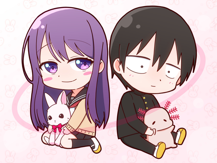 1boy, 1girl, axolotl, black_hair, black_jacket, black_pants, black_sailor_collar, black_skirt