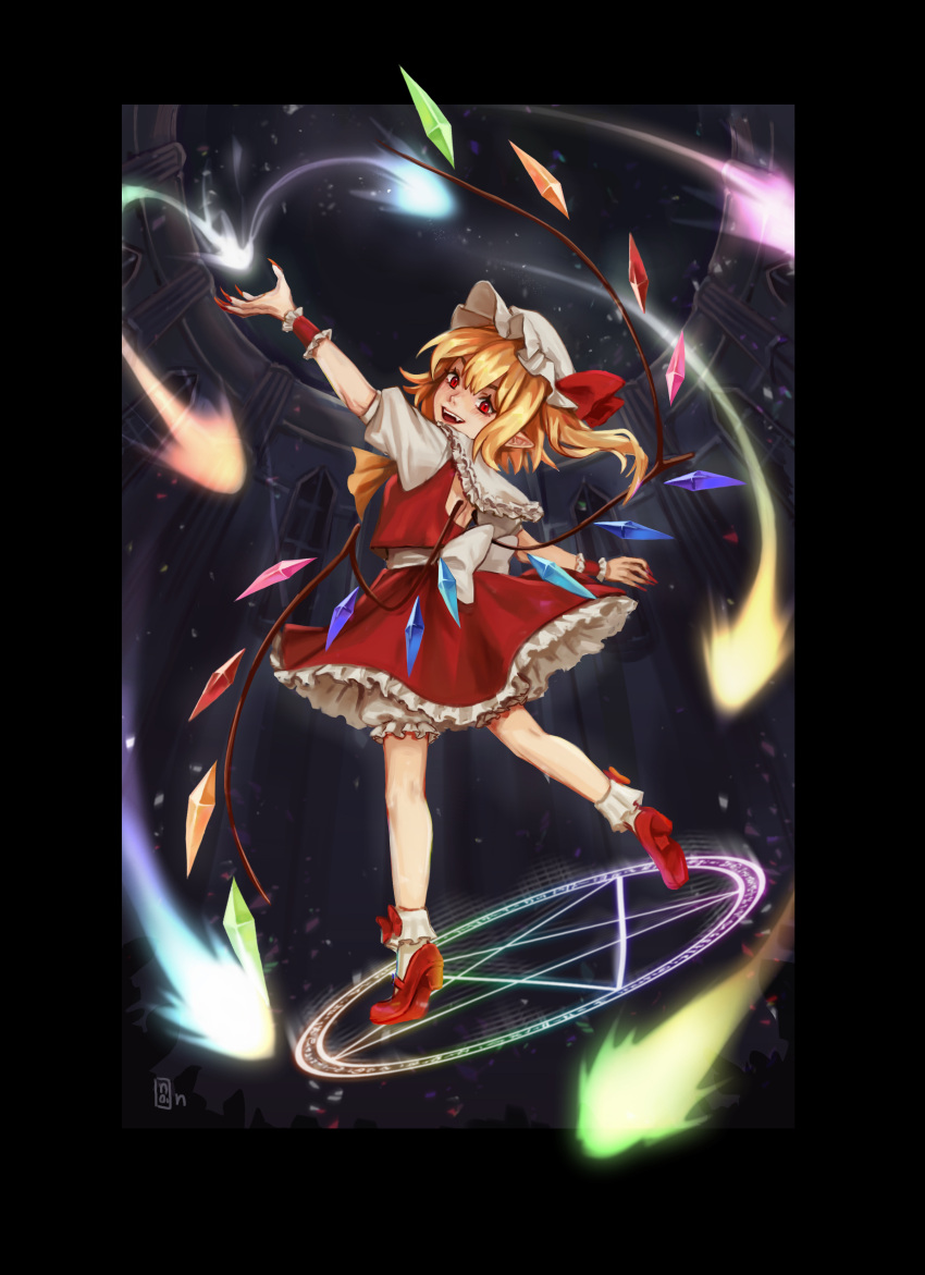 1girl, absurdres, back_bow, black_border, blonde_hair, bloomers, bobby_socks, border
