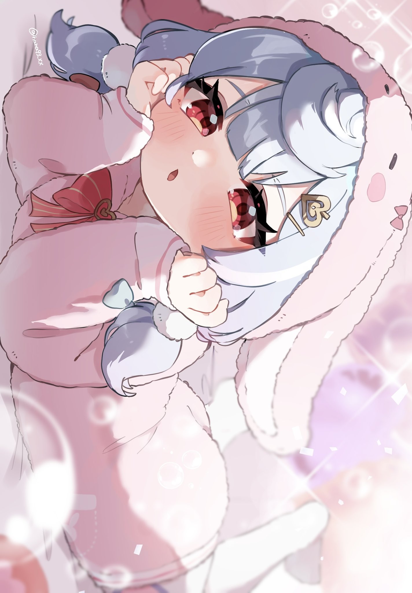 1girl, alternate_costume, animal_hood, blue_bow, blue_hair, blush, bow, bowtie
