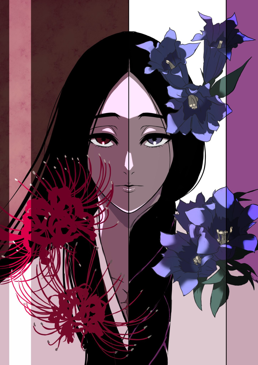 1girl, anno_im, black_hair, bleach, close-up, commentary, flower, grey_eyes