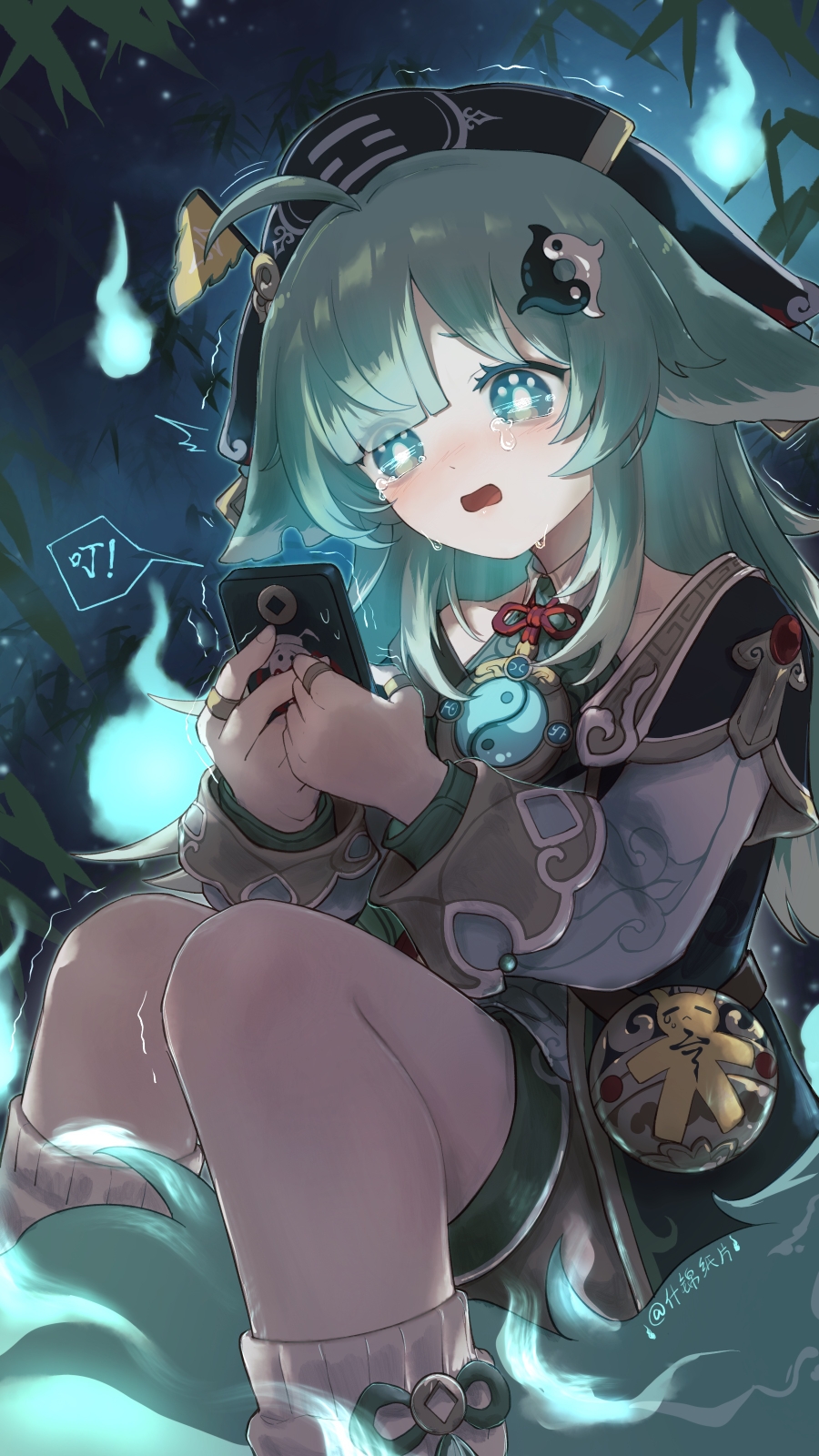 1girl, 7mo_(nanakami), ahoge, animal_ears, cellphone, chinese_commentary, commentary, crying