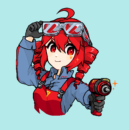 1girl, adjusting_eyewear, ahoge, arm_up, black_gloves, blue_background, blue_shirt, blush