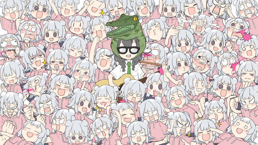 >3<, >_<, 0_0, 6+girls, acoustic_guitar, alternate_costume, arms_up, black_hair, black_shorts, blank_eyes, blood, blowing_kiss, blunt_bangs, blush, braid, brown_eyes, bulging_eyes, cevio, clapping, clenched_hand, clenched_teeth, clone, collared_shirt, commentary_request, crane_stance, crocodile_hood, crying, crying_with_eyes_open, double_bun, drawstring, face_punch, fang, fangs, frown, glasses, green_necktie, grey_hair, grimace, guitar, gyari_(imagesdawn), hair_bun, hanakuma_chifuyu, hanakuma_no_uta_wa_kawaiishi_koharu_rikka_wa_maji_de_urusai_(synthesizer_v), hand_on_own_chin, highres, holding, holding_guitar, holding_instrument, hood, hood_down, hoodie, in_the_face, instrument, koharu_rikka, laughing, long_hair, long_tongue, low_twin_braids, motion_lines, multiple_girls, necktie, nose_blush, nosebleed, o_o, odd_one_out, opaque_glasses, outstretched_arms, pink_blood, pink_hoodie, puckered_lips, punching, raised_fist, saliva, shaded_face, sharp_teeth, shirt, short_hair, short_sleeves, shorts, sidelocks, smile, sparkle, spitting, spitting_blood, spread_arms, stroking_own_chin, synthesizer_v, tears, teeth, thumbs_up, tongue, tongue_out, too_many, toriyama_akira_(style), twin_braids, uneven_eyes, v-shaped_eyebrows, v-shaped_eyes, veins, white_shirt, wide-eyed, |_|