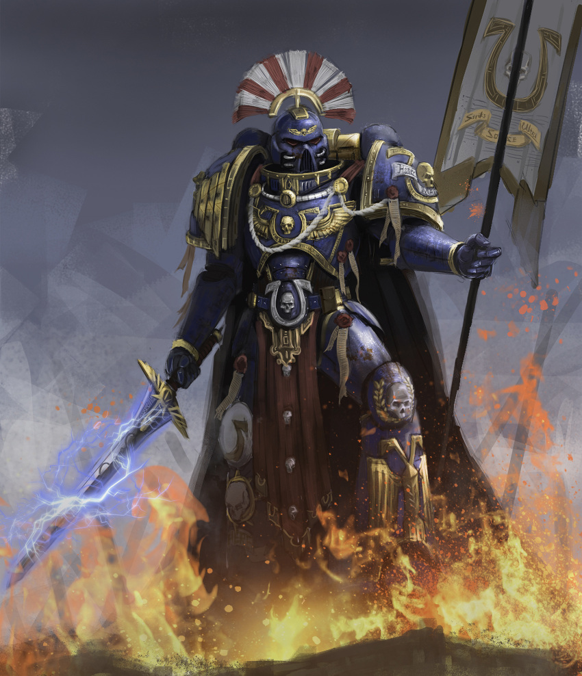1boy, adeptus_astartes, aquila_(symbol), armor, banner, blue_armor, fire, gold_trim, highres, holding, holding_banner, holding_sword, holding_weapon, nn128841, pauldrons, power_armor, power_sword, purity_seal, science_fiction, shoulder_armor, solo, sword, ultramarines, warhammer_40k, weapon