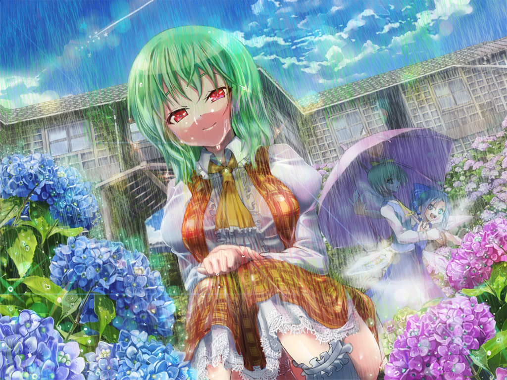 ascot, blue_eyes, blue_hair, bow, breasts, cirno, daiyousei, dutch_angle