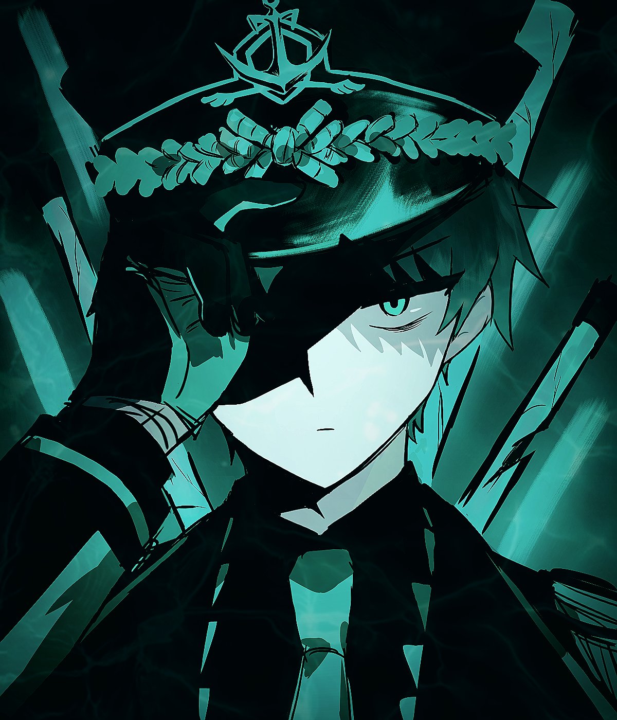 1boy, aqua_eyes, aqua_gloves, aqua_hair, aqua_necktie, black_coat, black_gloves, black_hair