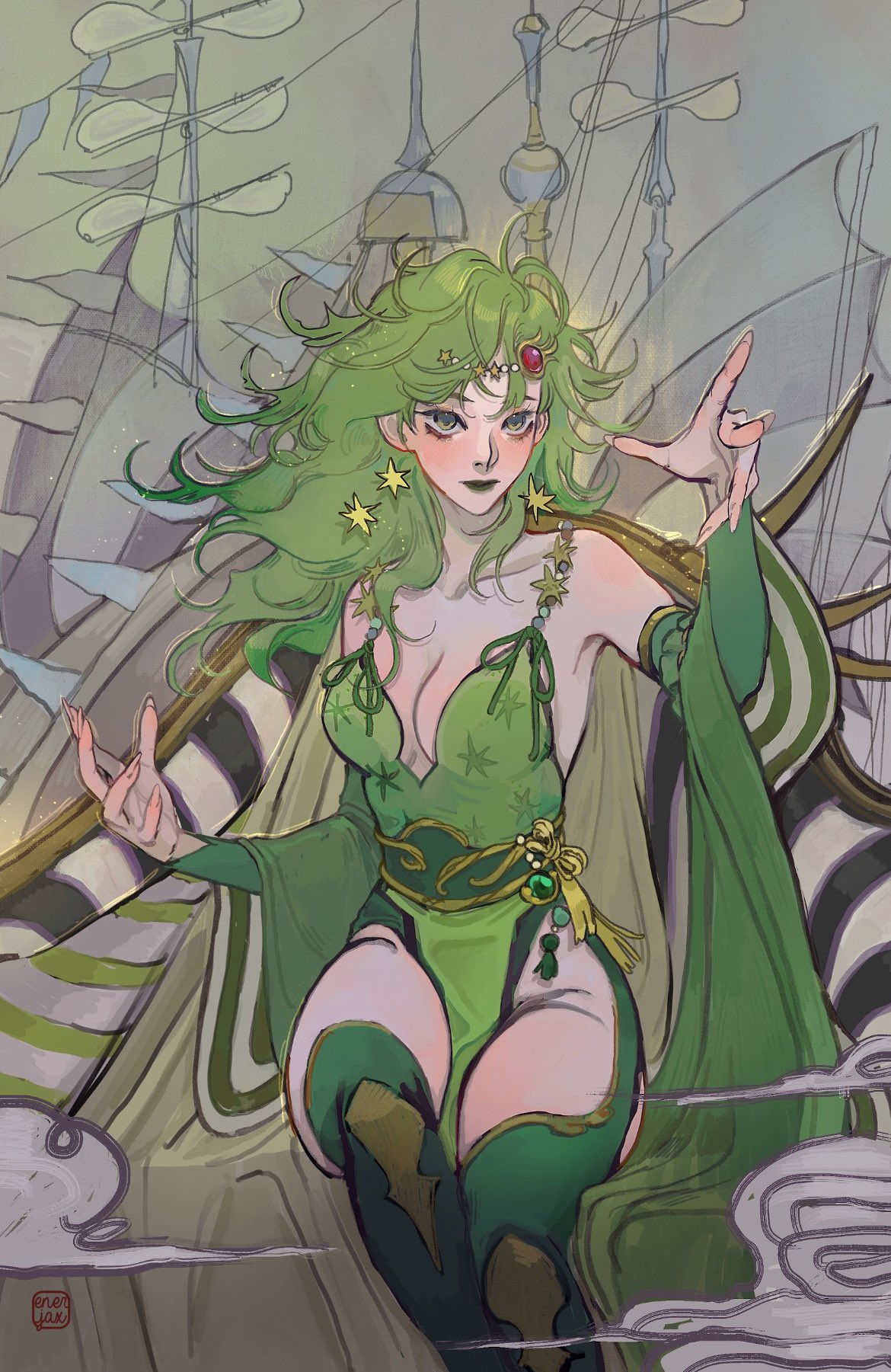 1girl, bare_shoulders, breasts, closed_mouth, collarbone, detached_sleeves, enerjax, feet_out_of_frame