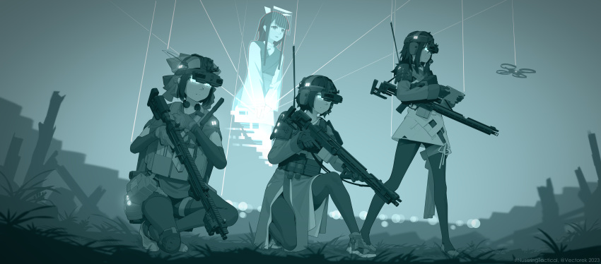 3girls, absurdres, artificial_intelligence, assault_rifle, controller, gun, heads-up_display, headset, highres, leggings, load_bearing_vest, military, multiple_girls, nusisring_tactical, quadcopter, red_dot_sight, rifle, shoes, sneakers, tactical_clothes, vectorek, weapon, xu_shangwu, xu_shangyu, yang_simo