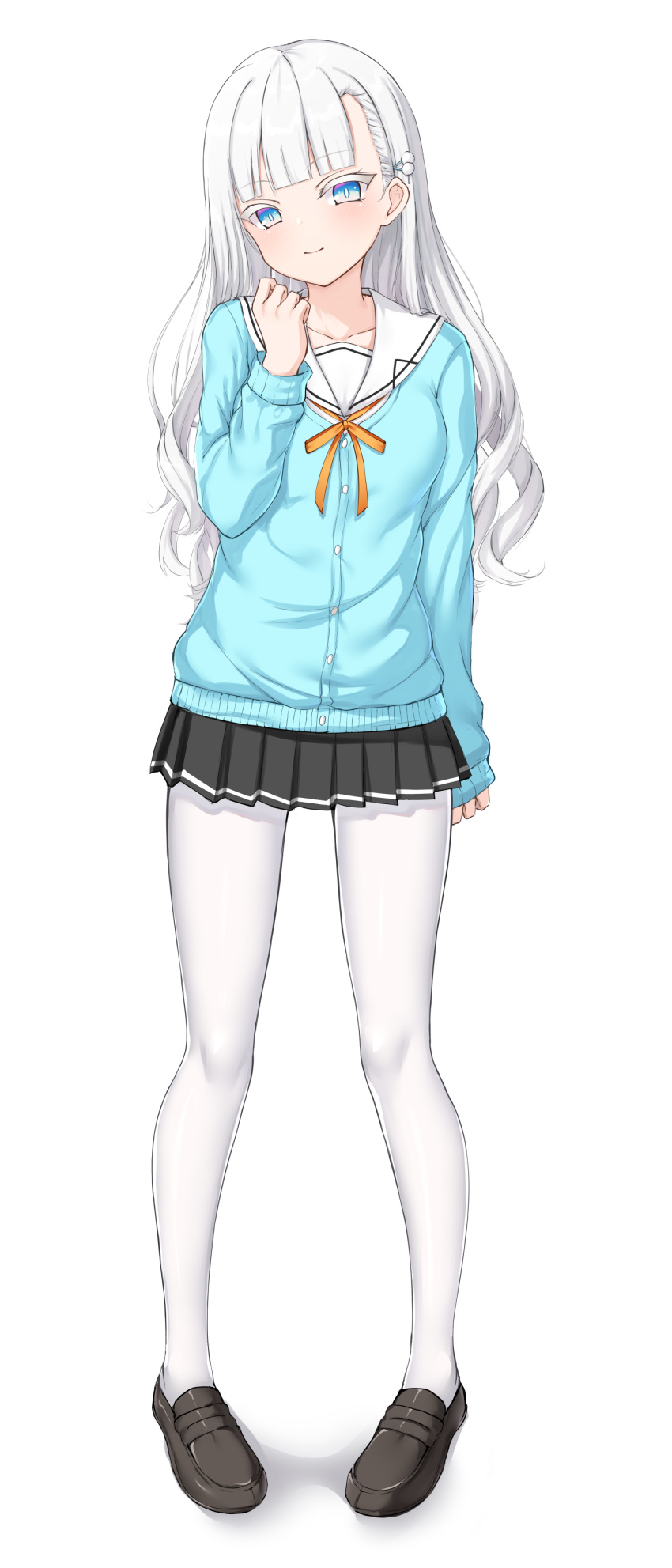 1girl, absurdres, aikotoba_-silver_snow_sister-, aqua_cardigan, arm_at_side, black_footwear, black_skirt, blue_eyes, blunt_bangs, blush, bright_pupils, cardigan, closed_mouth, commentary_request, full_body, hair_ornament, hairclip, hand_up, head_tilt, highres, hoshitsugu_shirone, loafers, long_hair, looking_at_viewer, miniskirt, ncontrail_(mgax7527), orange_ribbon, pantyhose, pleated_skirt, pom_pom_(clothes), pom_pom_hair_ornament, ribbon, sailor_collar, school_uniform, shoes, simple_background, skirt, sleeves_past_wrists, slit_pupils, smile, solo, wavy_hair, white_background, white_hair, white_pantyhose, white_pupils, white_sailor_collar