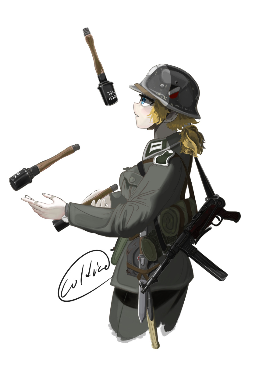 1girl, absurdres, blonde_hair, blue_eyes, cold_ice_(artist), explosive, grenade, gun, helmet, highres, juggling, knife, military_uniform, mp40, original, signature, solo, stick_grenade, submachine_gun, uniform, war, weapon, wehrmacht, world_war_ii