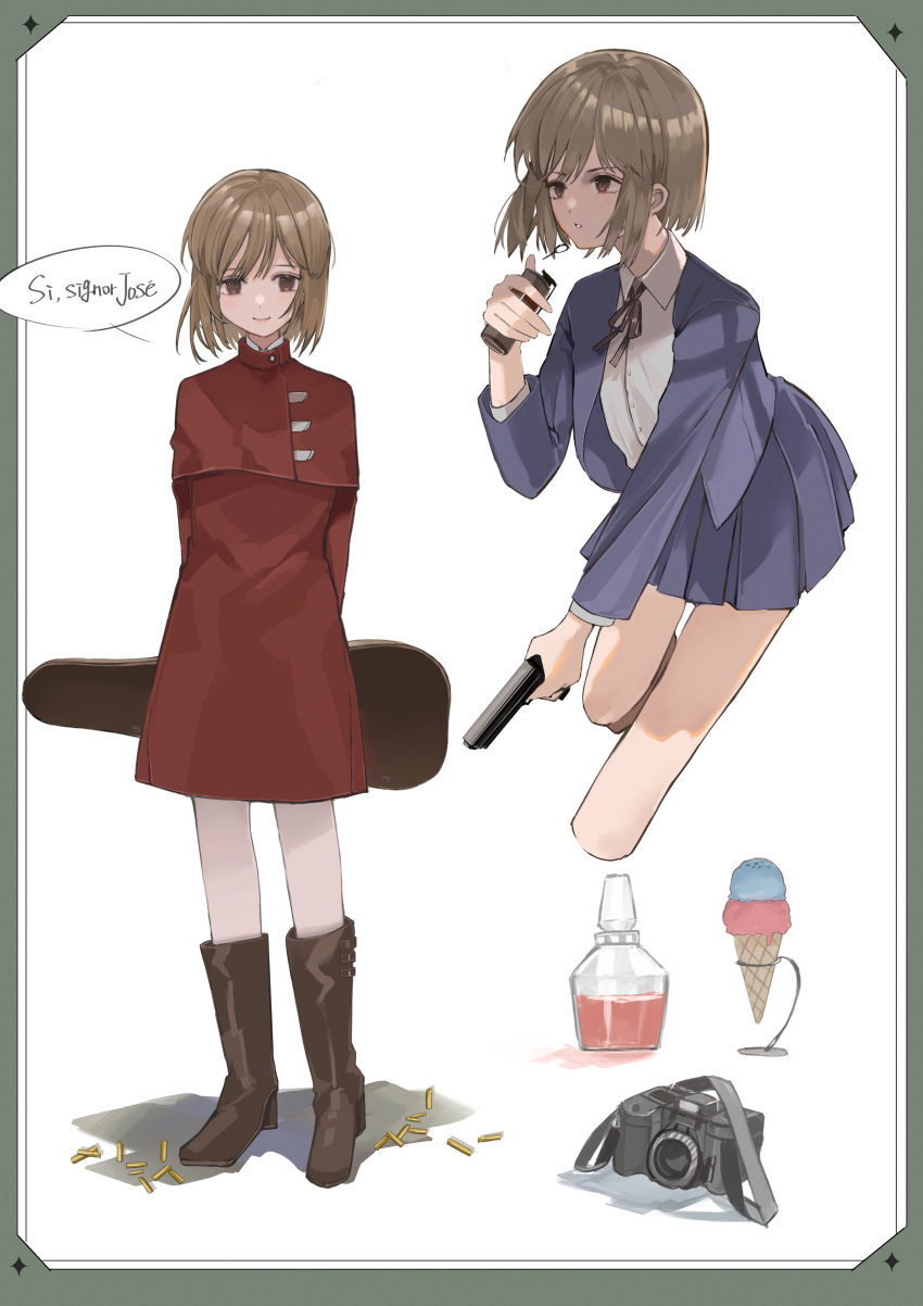 1girl, absurdres, blue_jacket, blue_skirt, bob_cut, boots, brown_eyes, brown_footwear