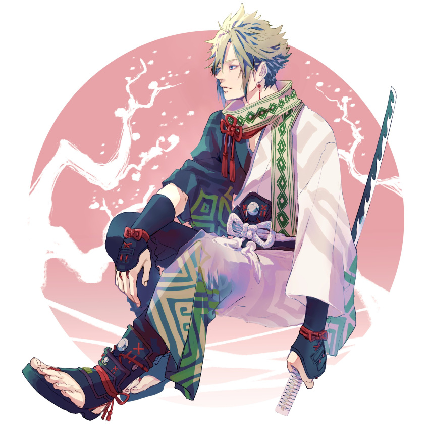 1boy, absurdres, black_footwear, black_gloves, blonde_hair, blue_eyes, branch, cloud_strife