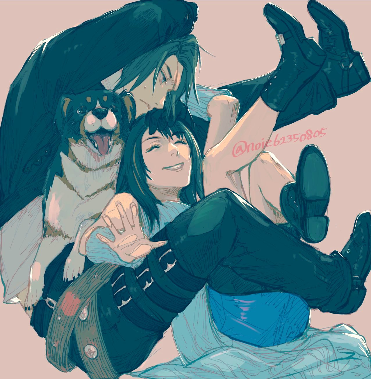 1boy, 1girl, angelo_(ff8), arm_warmers, bare_shoulders, belt, black_footwear, black_hair
