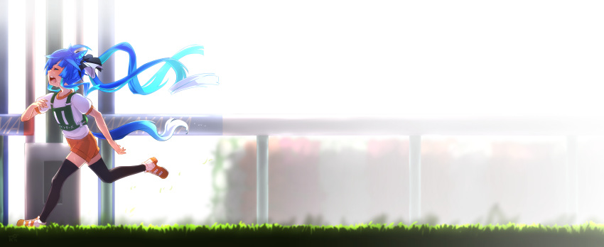 1girl, absurdres, ahoge, animal_ears, aqua_hair, black_thighhighs, blue_hair, bow
