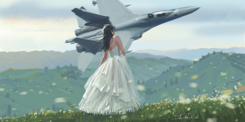 1girl, aircraft, airplane, bare_shoulders, black_hair, dress, facing_away, fighter_jet