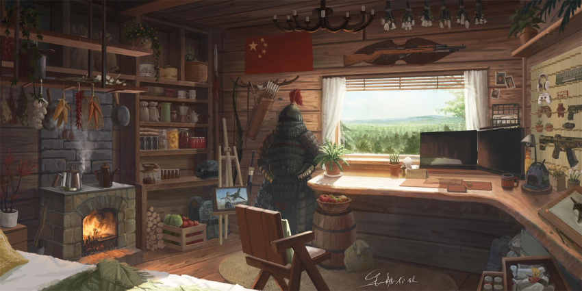 armor, assault_rifle, bask, bed, bow, chair, chandelier, chinese_armor, controller, cup, curtains, desk, easel, fireplace, firewood, food, forest, fruit, gun, herb_bundle, herb_rack, highres, jar, jian_(weapon), kettle, lamp, monitor, mug, nature, original, painting_(object), people's_republic_of_china_flag, plant, potted_plant, quiver, rifle, rug, shelf, shouhui_lang_qun, sks, song_dynasty, sword, weapon, window, wooden_wall