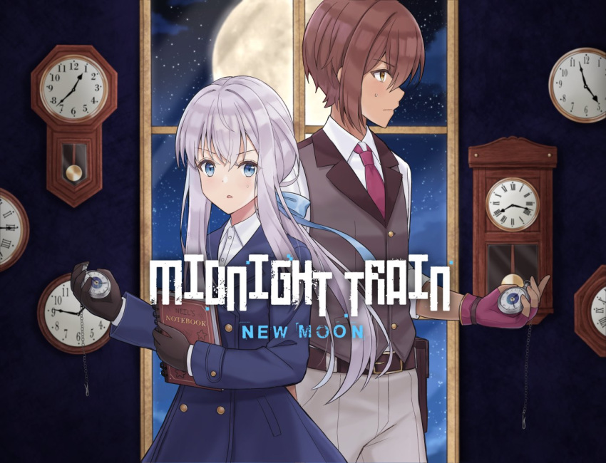 1boy, 1girl, blue_eyes, blue_jacket, brown_hair, dark-skinned_male, dark_skin, holding_clock
