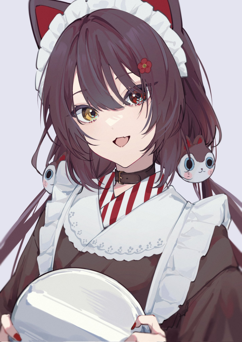 1girl, animal_ears, apron, blurry, brown_hair, brown_kimono, collar, depth_of_field