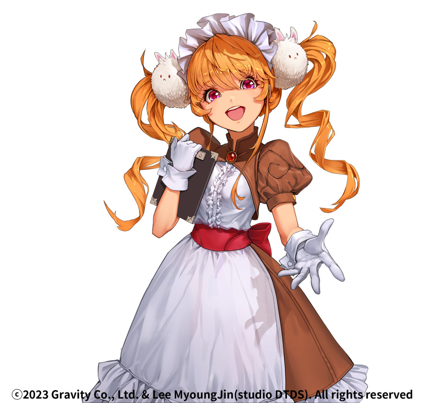 1girl, apron, blonde_hair, brooch, brown_dress, clipboard, commentary_request, cowboy_shot
