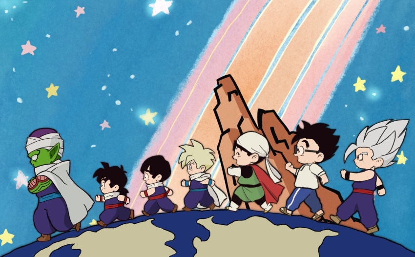 6+boys, :d, ^_^, bandana, black-framed_eyewear, black_hair, black_wristband, blonde_hair