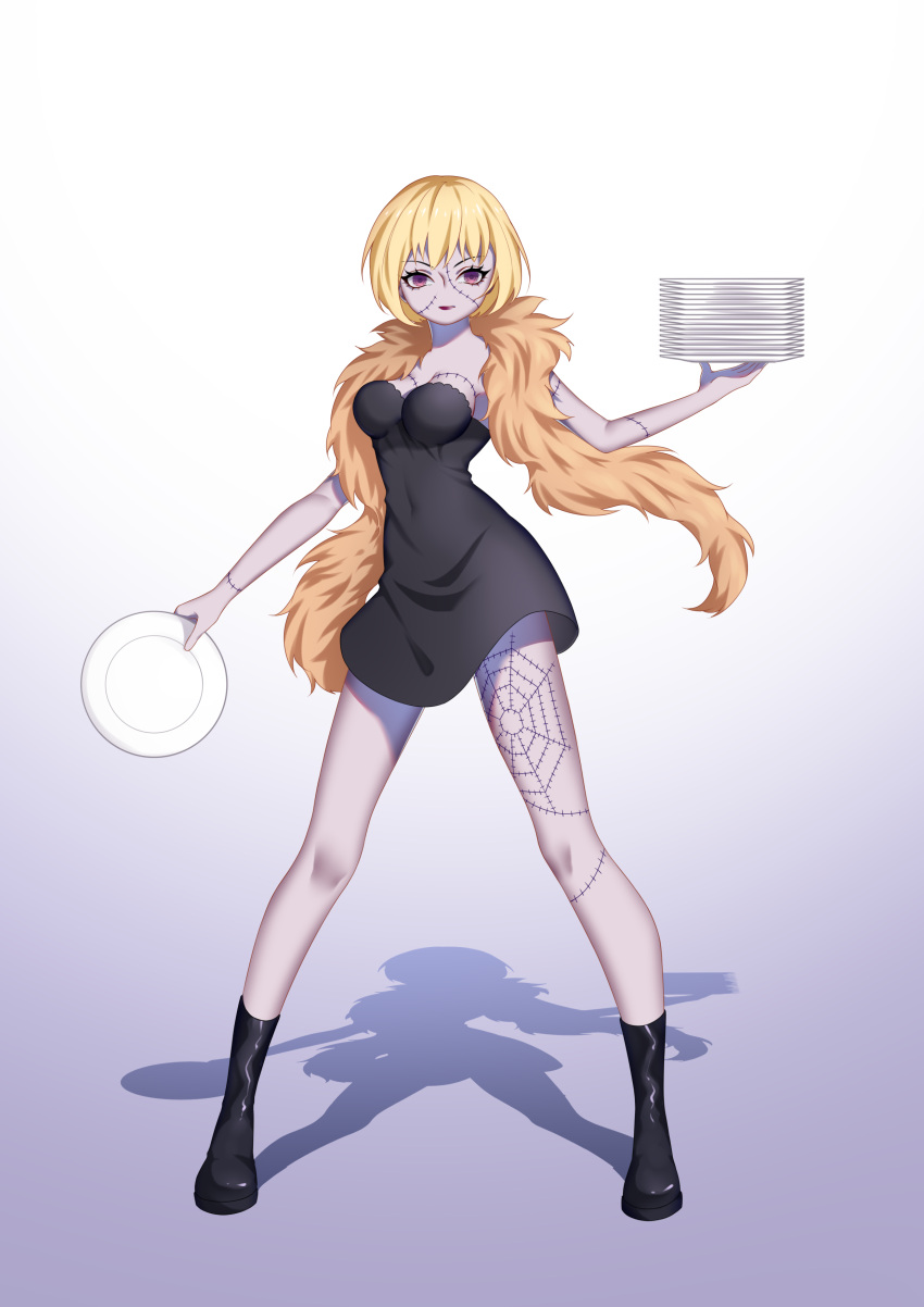 1girl, absurdres, blonde_hair, boots, feather_boa, gradient_background, highres, holding